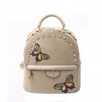 Khaki Patent Leather Rivet Studded Women Travel Backpack Personalized Embroidered Butterfly Sewing Pattern Small Crossbody Shoulder Bag