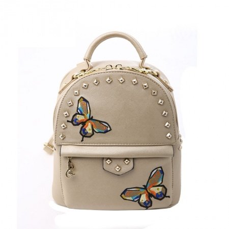 Khaki Patent Leather Rivet Studded Women Travel Backpack Personalized Embroidered Butterfly Sewing Pattern Small Crossbody Shoulder Bag