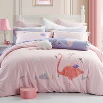 Pastel Pink Coral Pink and Grey Tropical Flamingo Pattern Elegant Girls Embroidered Design Luxury Cotton Full, Queen Size Bedding Sets