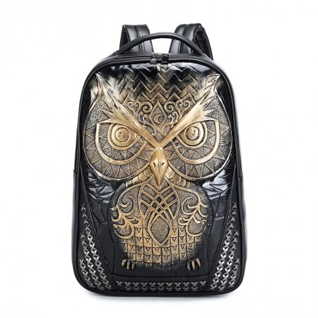 Unique Black Patent Embossed Metallic Gold Owl Cool Men Large Travel Backpack Punk Rock and Roll Rivet Studded School Campus Book Bag