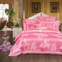 French Pink Girls Castle and Flower Pattern Princess Style Sparkly Feminine Feel Luxury Jacquard Satin Full, Queen Size Bedding Sets