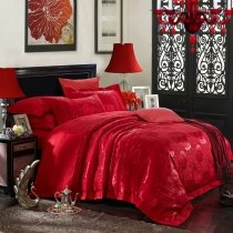 Dark Red Yorkshire Rose Pattern Romantic and Elegant Embroidered Design Upscale Jacquard Satin Fabric Full, Queen Size Bedding Sets
