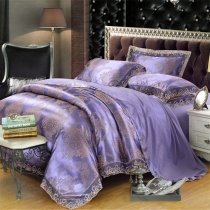 Dusty Purple and Gold Elizabethan Pattern Classic Western Style Boutique Jacquard Satin Full, Queen Size Bedding Sets