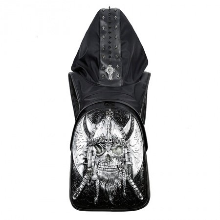 Black Embossed Leather Metallic Silver Pirate Masculine Large Travel Backpack Personalized Punk Skull Studded Cool Boys School Book Bag