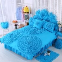 High Fashion Peacock Blue Gathered Design Victorian Lace Princess Style Elegant Girls 100% Cotton Twin, Full, Queen Size Bedding Sets