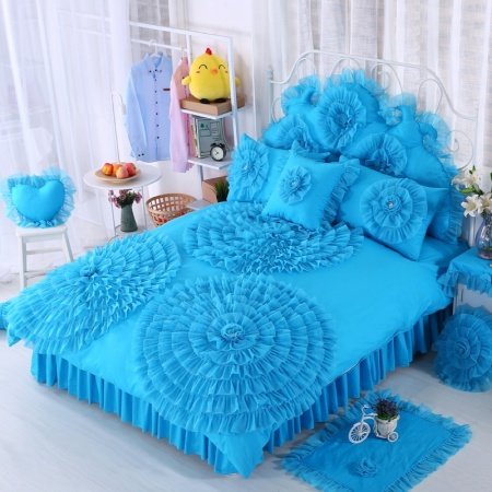 High Fashion Peacock Blue Gathered Design Victorian Lace Princess Style Elegant Girls 100% Cotton Twin, Full, Queen Size Bedding Sets