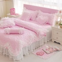 Sophisticated Elegant Blush Pink and White Quilted Flower Gathered Ruffle Scalloped Girls Cotton Twin, Full, Queen Size Bedding Sets