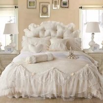 Noble Excellence Solid Beige Vintage Victorian Lace Ruffle Sophisticated Elegant Girls Jacquard Cotton Full, Queen Size Bedding Sets