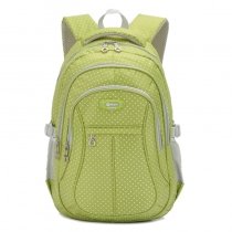 Lightweight Waterproof Yellow-green and White Nylon Girls School Backpack Stylish Polka Dot Print Durable Zipper Preppy Campus Book Bag