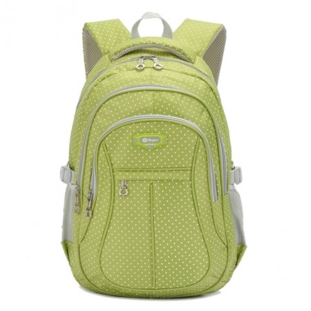 Lightweight Waterproof Yellow-green and White Nylon Girls School Backpack Stylish Polka Dot Print Durable Zipper Preppy Campus Book Bag