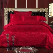 Sequin Solid Red Victorian Rose Pattern Beautiful Noble Excellence Elegant Jacquard Satin Full, Queen Size Bedding Sets