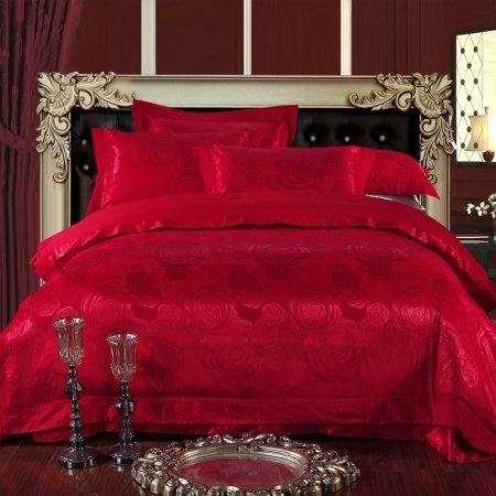 Sequin Solid Red Victorian Rose Pattern Beautiful Noble Excellence Elegant Jacquard Satin Full, Queen Size Bedding Sets