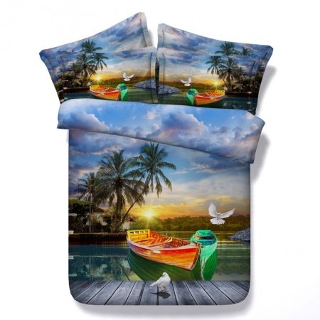 Beautiful Bright Colorful Boat and Palm Tree Print Tropical Hawaiian Style Ocean Themed Twin, Full, Queen, King Size Bedding Sets