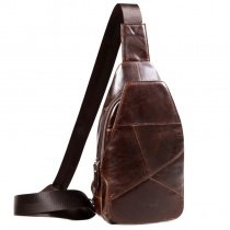 Vintage Chocolate Brown Patchwork Men Small Crossbody Shoulder Chest Bag Distressed Waxed Genuine Cowhide Leather Sling Travel Backpack