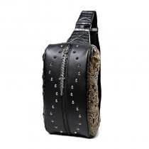 Punk Black and Gold Patent Leather Boys Crossbody Shoulder Chest Bag Personalized Engraved Dragon Rivet Studded Travel Hiking Sling Backpack
