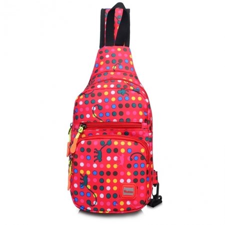 Coral Red Nylon Elegant Girls Small Crossbody Shoulder Chest Bag Fashion Polka Dot Print Casual Travel Hiking Cycling Sling Backpack
