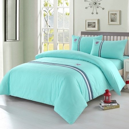 Gorgeous Solid Mint Green with Blue and White Stripe Print Simply Chic Full, Queen Size Bedding Sets