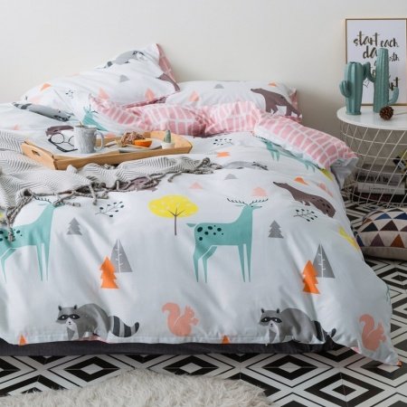 Light Blue Gray Yellow and Orange Cute Animal Print Jungle Safari Cartoon Themed Twin, Full Size Bedding Sets for Kids
