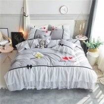 Luxury Solid Silver Gray Embroidered Monogrammed Heart Girls Princess Style Ruffle Lace Bow Full, Queen Size Bedding Sets