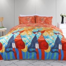Fancy Navy Blue Turquoise Red Yellow and Orange Cat Sun and Dandelion Print Bright Colorful Full, Queen Size Bedding Sets
