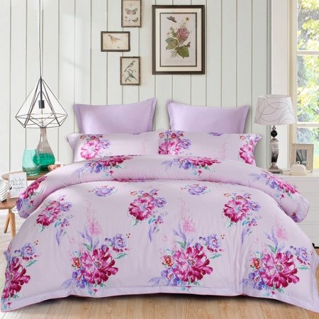Soft Pastel Purple Beige Green and Hot Pink Tropical Hawaiian Watercolor Floral Print French Country Full, Queen Size Bedding Sets
