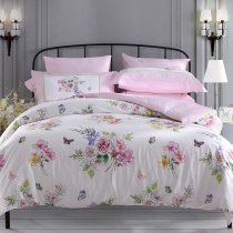 Green White Pink and Yellow Garden Floral and Butterfly Print Elegant Girly French Country Full, Queen Size Bedding Sets