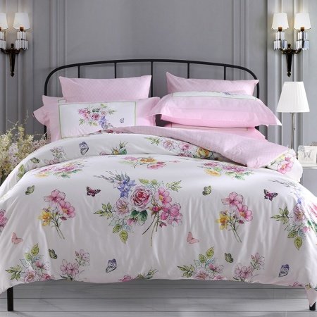 Green White Pink and Yellow Garden Floral and Butterfly Print Elegant Girly French Country Full, Queen Size Bedding Sets