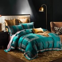 Teal Green and Gold Patchwork Plaid and Tribal Print Bohemian Luxury Jacquard Satin Full, Queen Size Bedding Sets