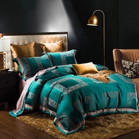 Teal Green and Gold Patchwork Plaid and Tribal Print Bohemian Luxury Jacquard Satin Full, Queen Size Bedding Sets