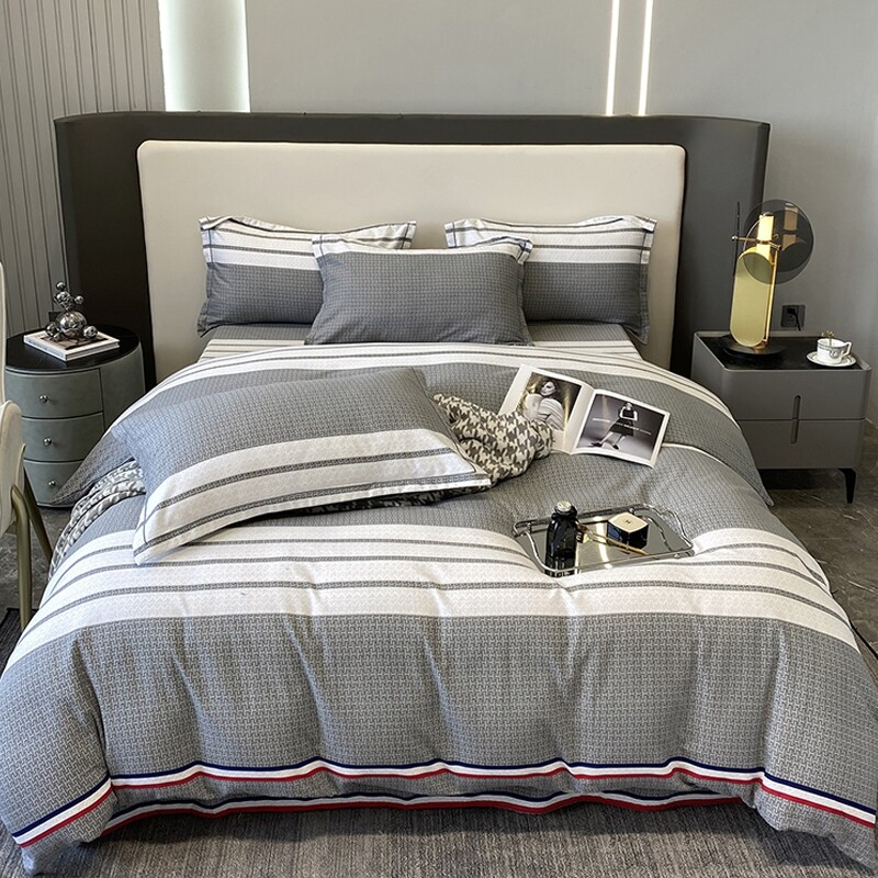Gray and White Striped Print Soft Full, Queen Size Bedding Sets